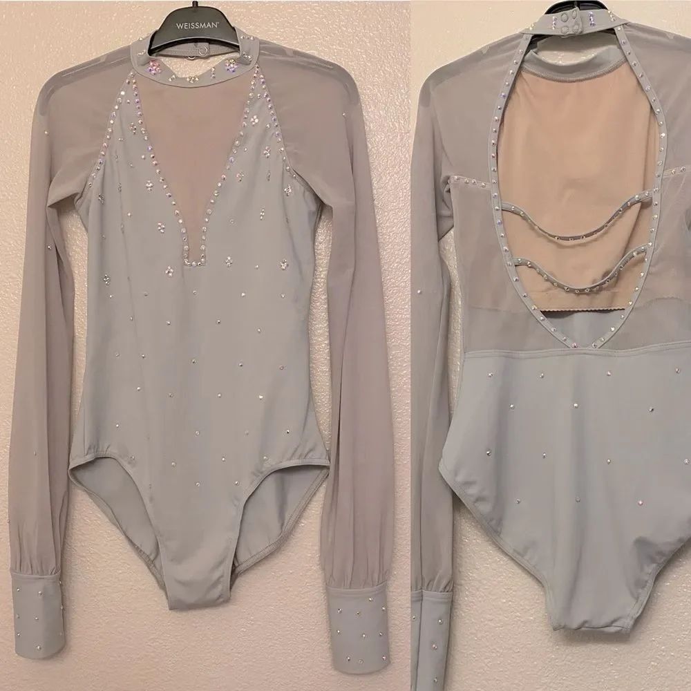 Weissman solo custom Dance costume gray Long Poet Sleeve Leotard MT11817 SA